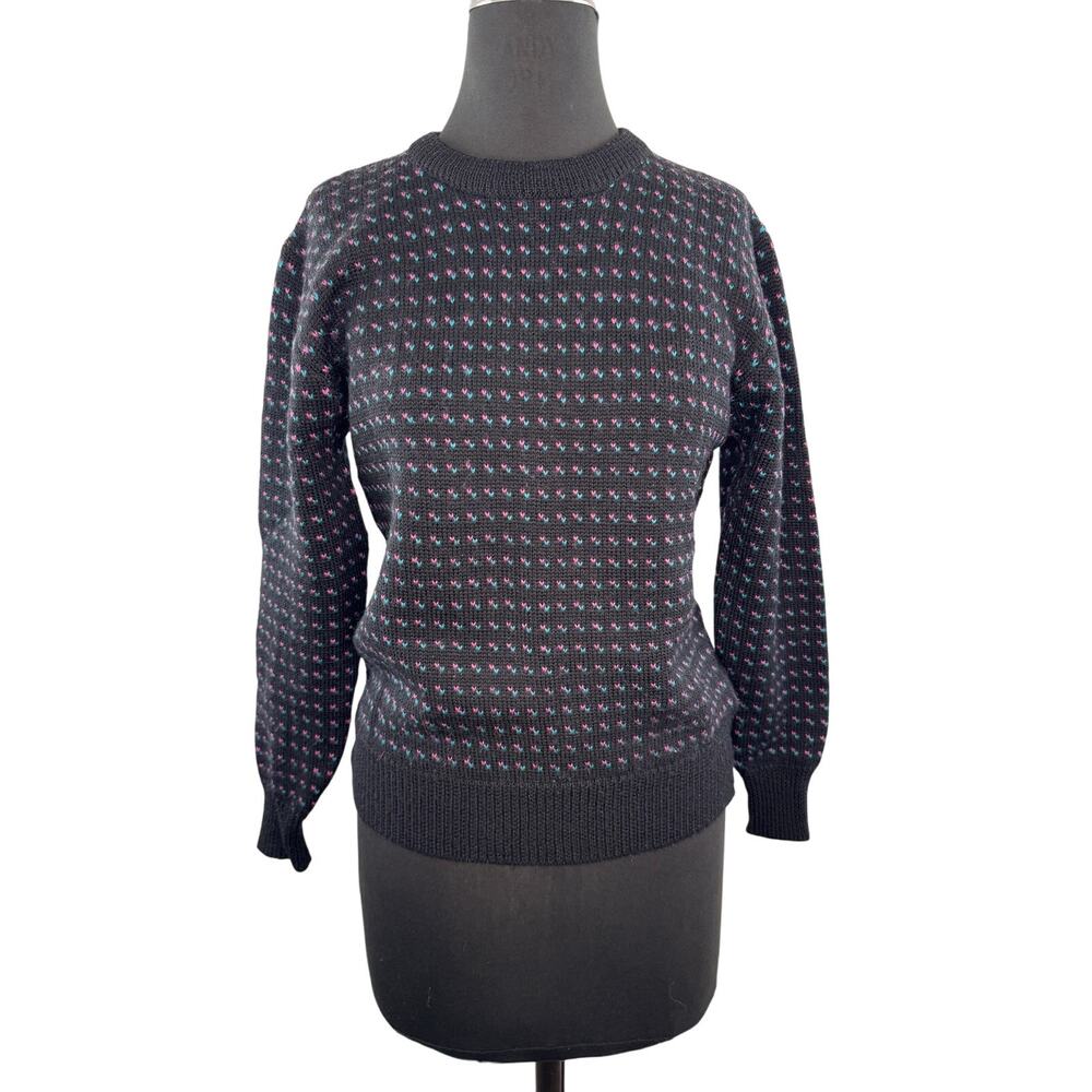 VTG Sierra Woolens Black Sweater Wool Polka Dot Crew Neck Pullover Size Small S